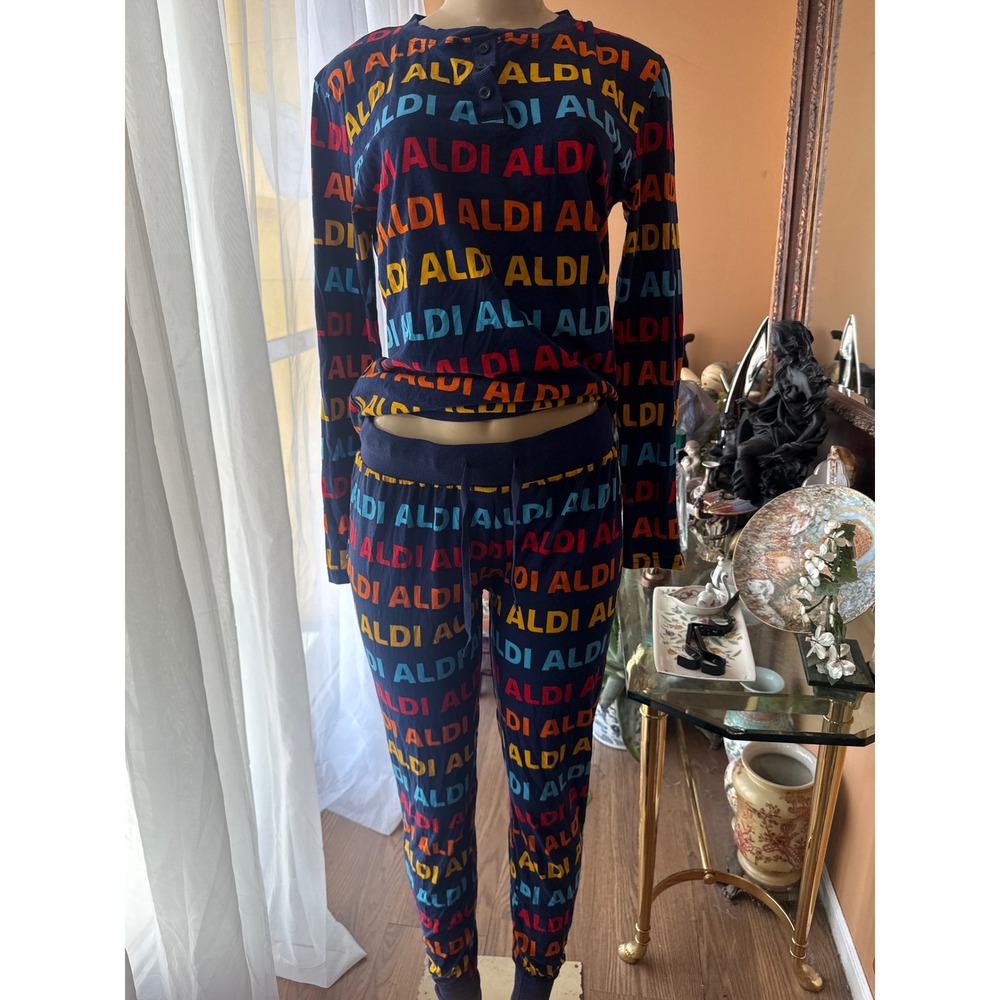 Aldi Gear Womens Pajama Set Navy Blue Logo Print Henley Top Pants Medium NWT
